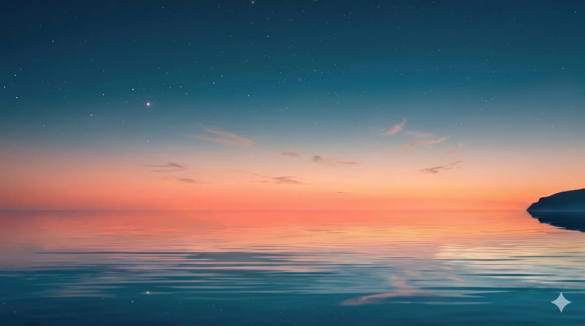 Dawn over the Central Coast NSW, soft pink and blue sky with stars fading, calm reflective sea, headland on the right